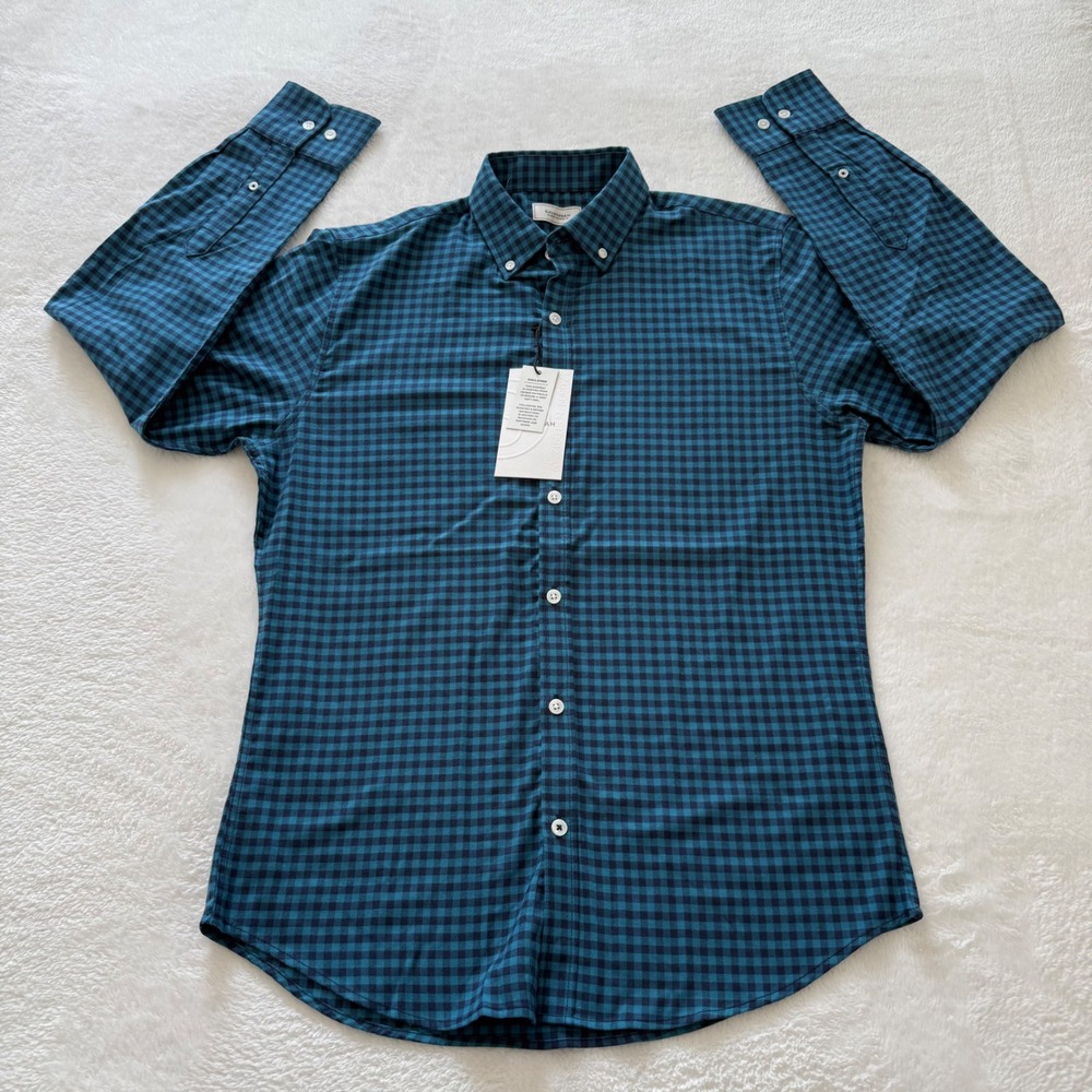 Savannah Mens Gingham Button Down Shirt Teal Green Navy Blue Tencel Blend NWT S